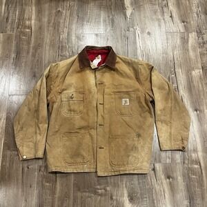 VTG Carhartt Chore Coat XL Duck Canvas Jacket Quilt Lined Thrashed‎  Workwear